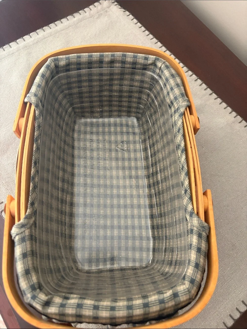Longaberger Natural Wood Basket with Blue Plaid Liner